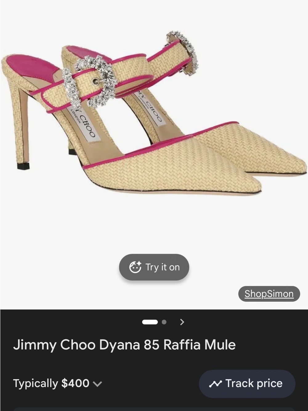 Jimmy Choo Raffia Pointed Mules with Pink Trim and Crystal Buckles